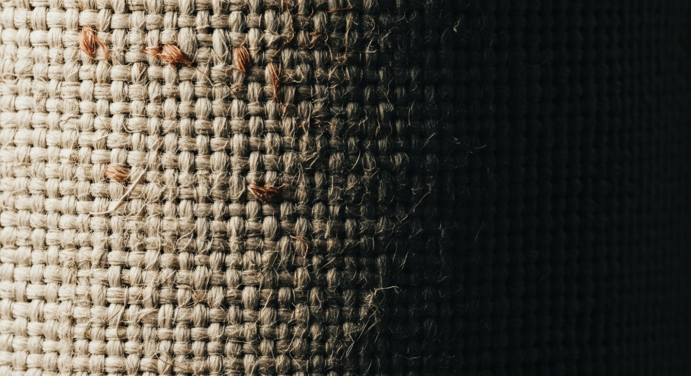 Extreme close-up of rough woven linen texture with raking light revealing every fiber, fading into shadow