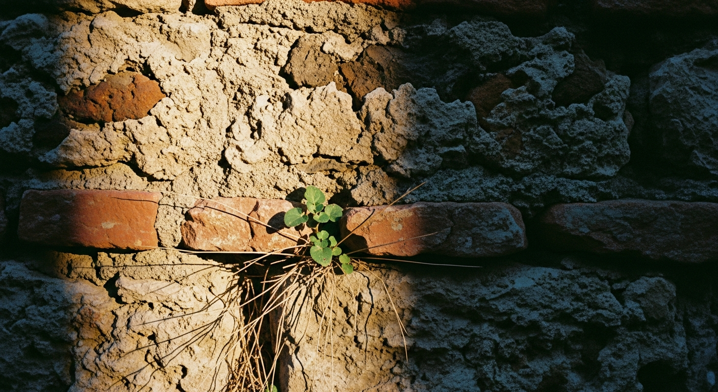A small green plant growing from a crack in a rough stone wall, caught in warm morning raking light