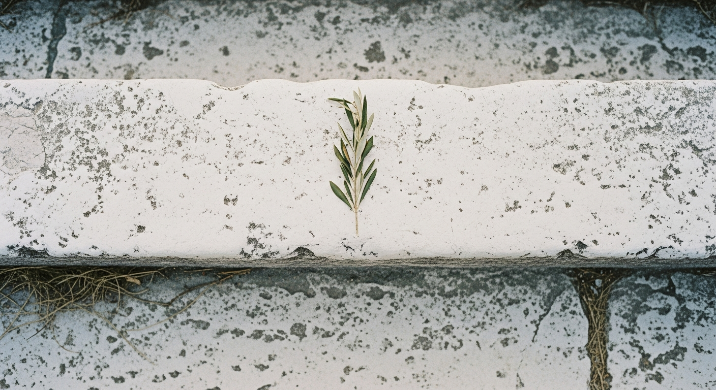 A single small olive branch resting on a worn stone step, polished smooth by generations of feet