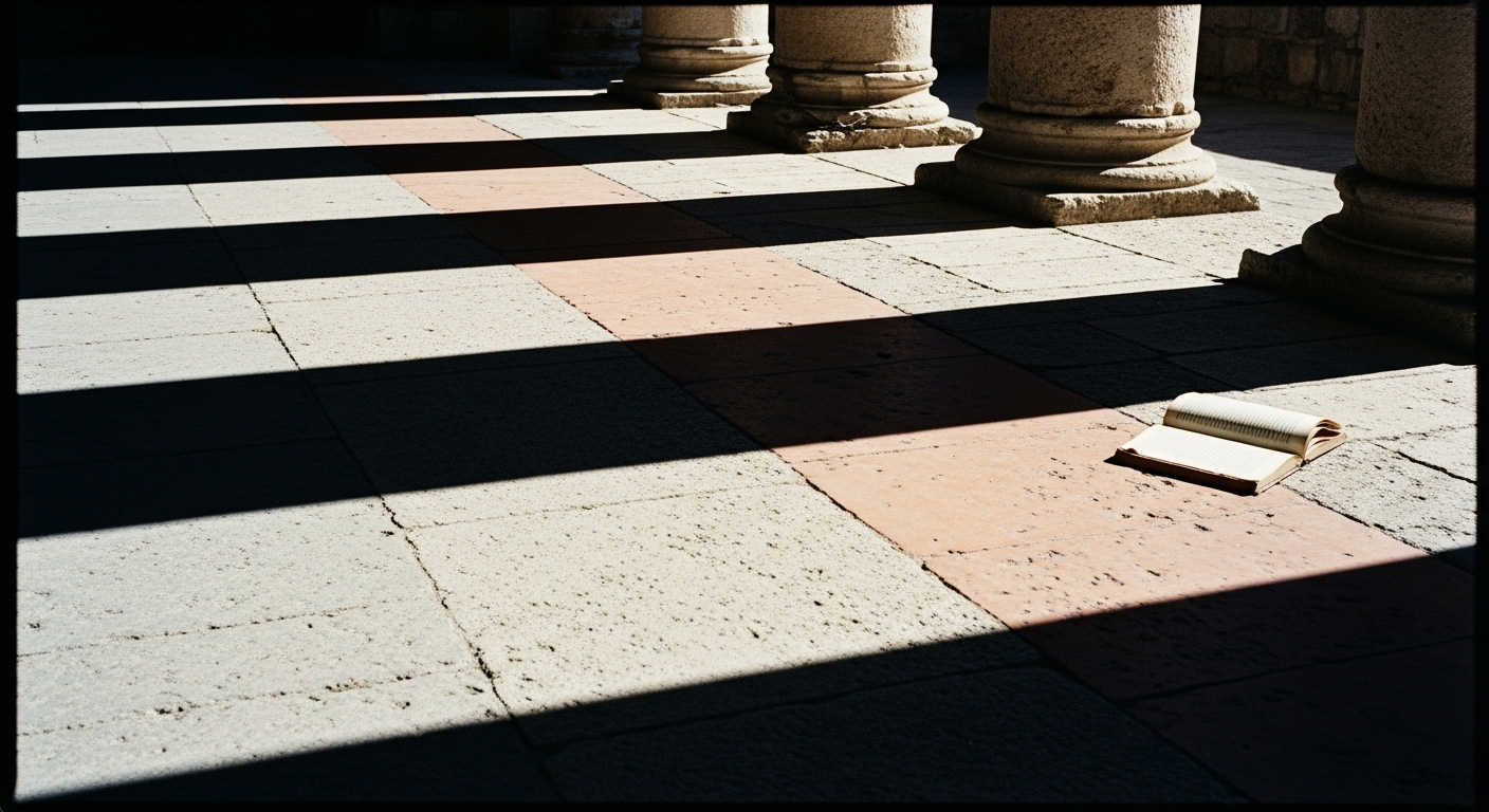 Strong afternoon light casting parallel column shadows across ancient stone floor with an open book at the edge of the light