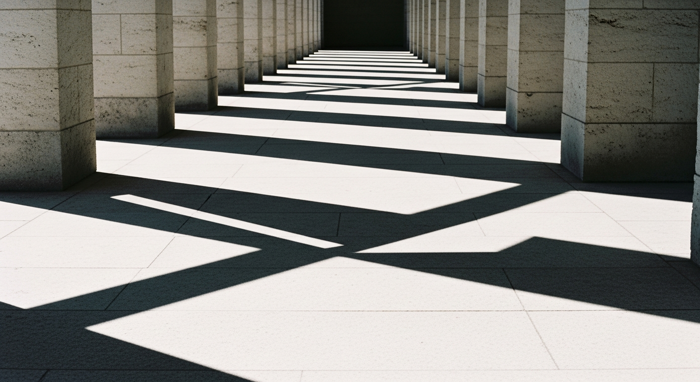 A long empty temple portico with columns casting regular shadow stripes across the stone floor, two shadows converging at the center