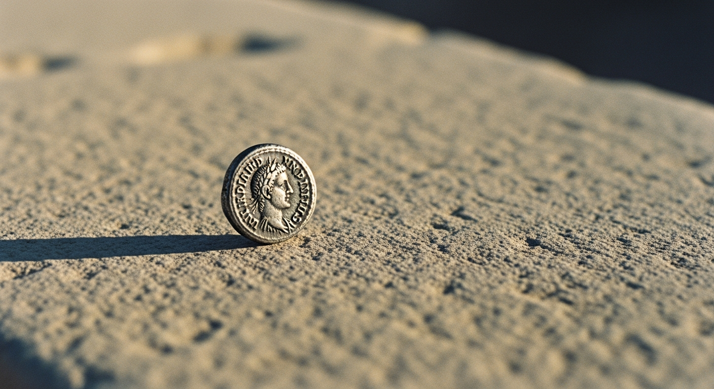 A single ancient coin resting on a flat stone surface in sharp raking light, the relief on its face barely readable