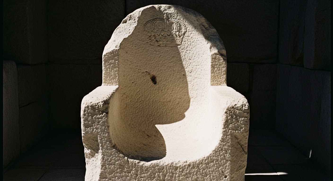 An ancient throne seat carved from stone, worn and empty, a faint carved crown above it barely legible, afternoon light