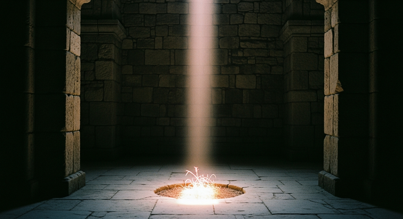 A shaft of morning light descending into a dark stone tomb or cave, the stone cold and the light warm, no meeting point yet