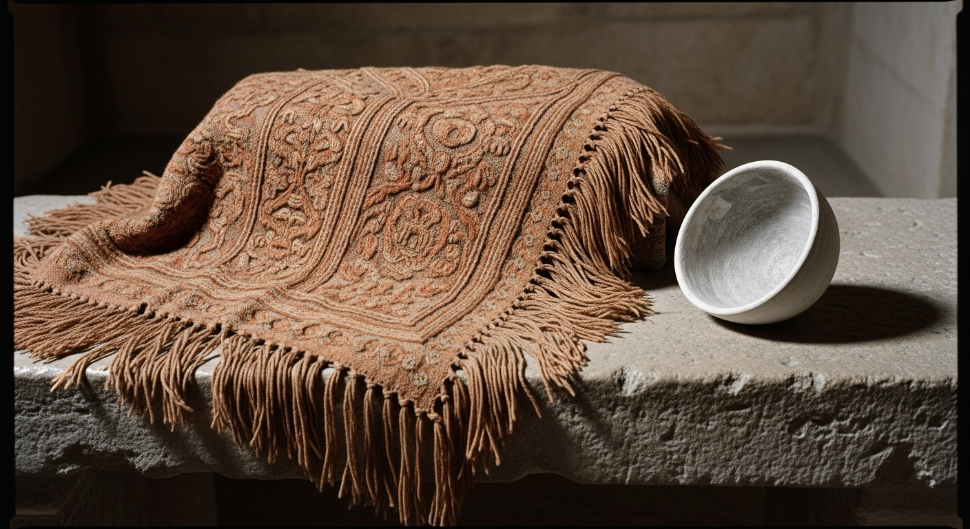 An elaborate ceremonial robe draped over a bench, its fringes ornate, a simple clay bowl placed beside it, stark contrast of materials