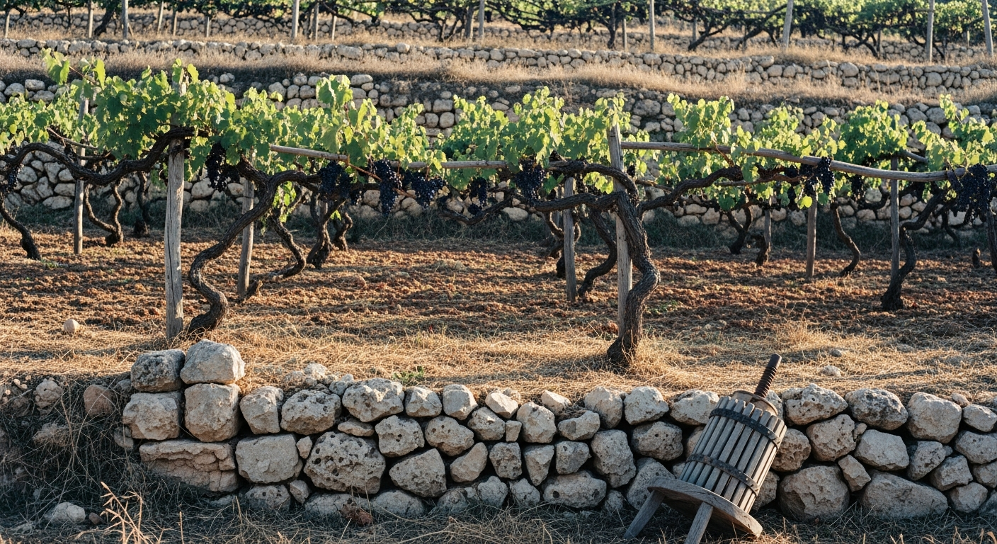 An ancient vineyard stone wall with a single carved cornerstone at the base, the vines visible beyond the wall, afternoon light