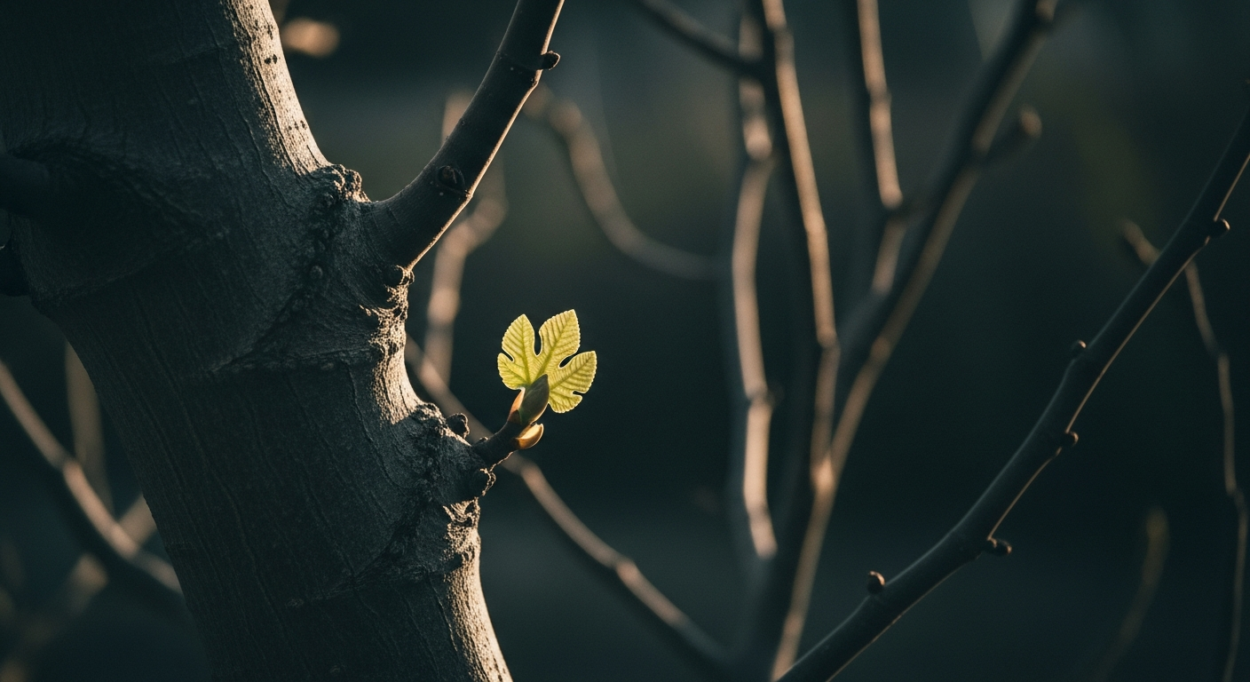 A bare fig tree branch with one young leaf just unfurling, the rest of the branch still winter-bare, warm spring light