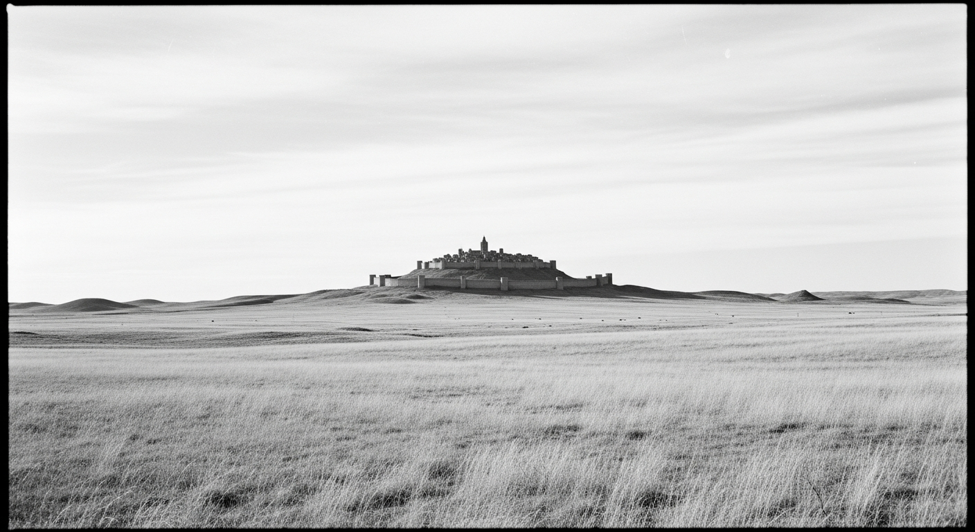 A distant view of a walled city from beyond, surrounded by an empty plain, the city isolated and the plain featureless