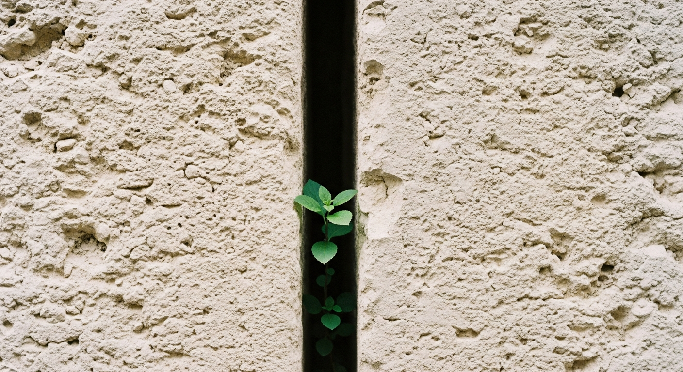 A single green plant growing from a crack between massive stones in a wall, alive in the most unlikely place