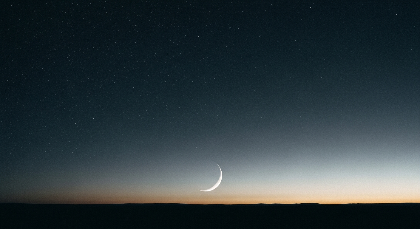 A pre-dawn sky with the last stars fading and a thin crescent moon, the horizon just beginning to separate from the dark earth