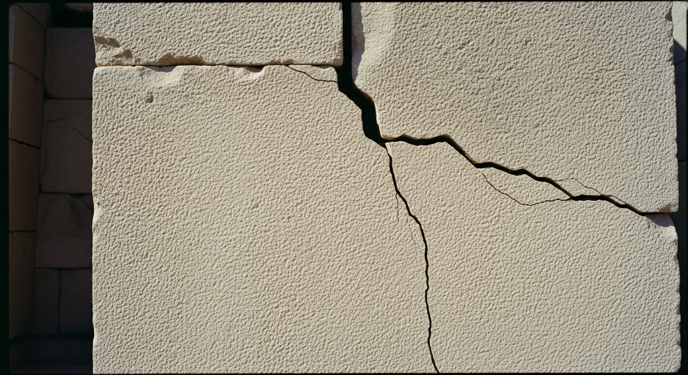 Massive dressed temple stones up close, the surfaces perfectly smooth, mortar joints barely visible, yet a single crack running through