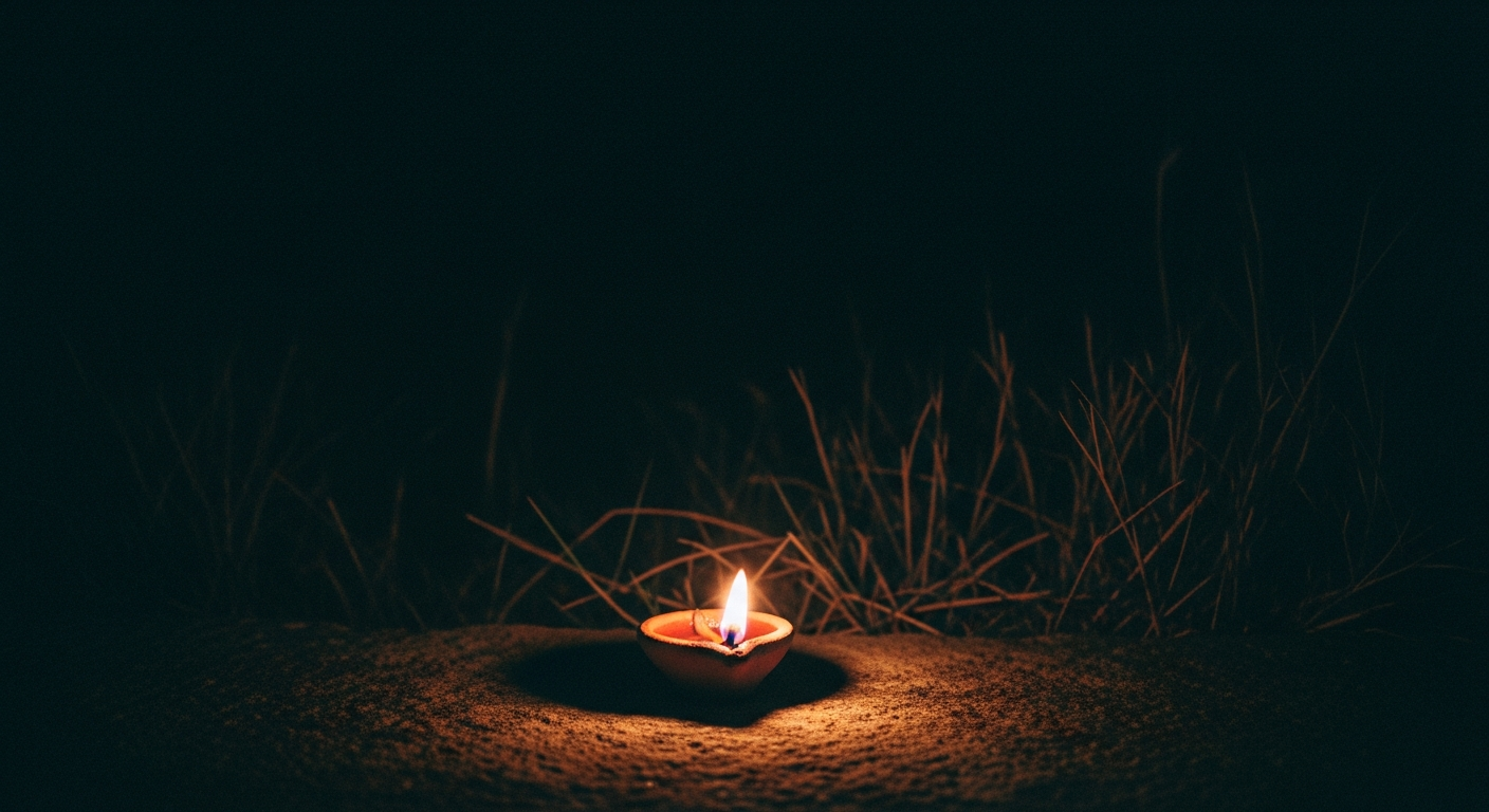 A small oil lamp burning steadily in the predawn darkness, the flame steady, the surrounding darkness total