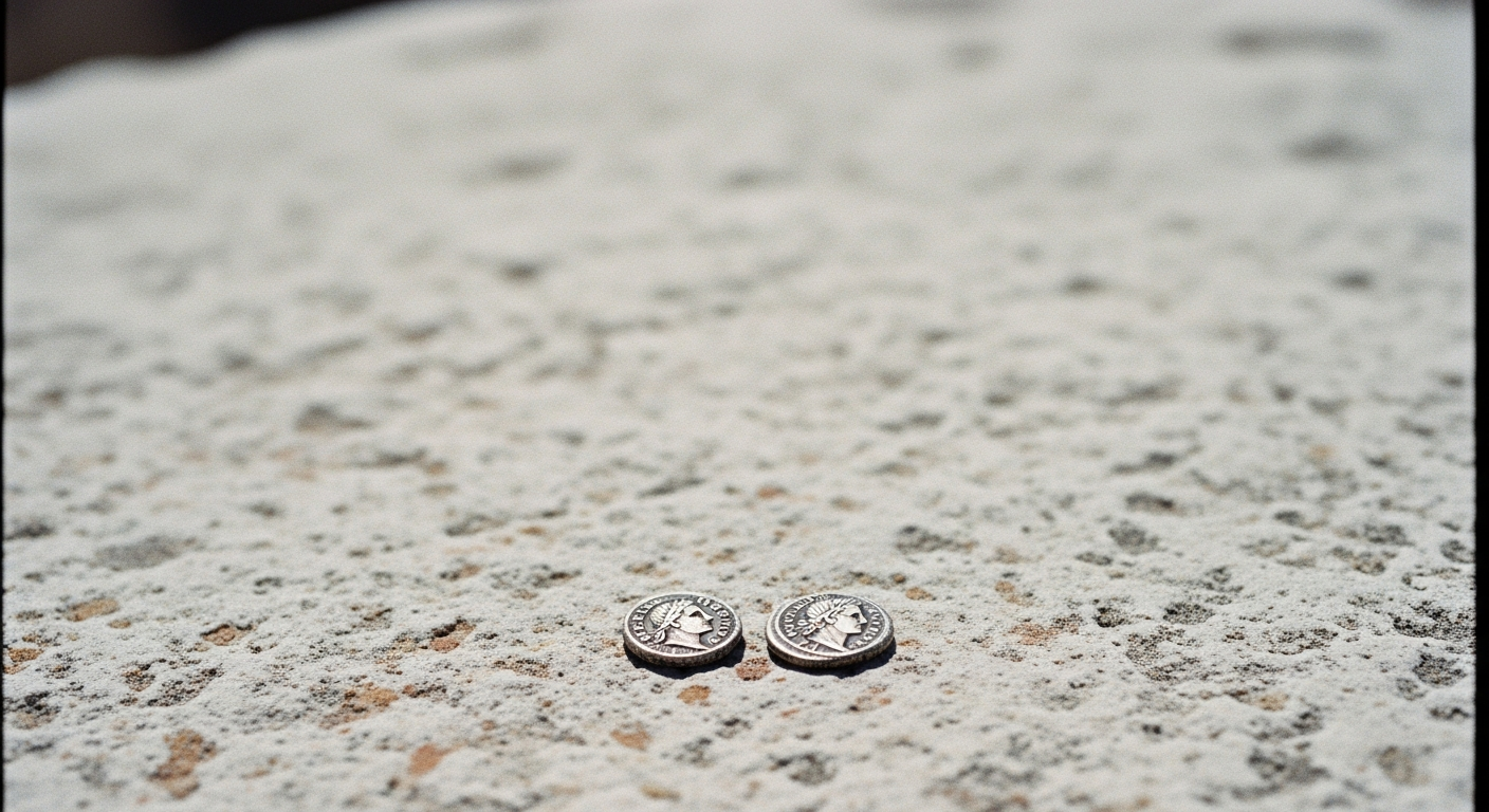 Two very small worn coins resting together on a large stone surface, the coins tiny against the expanse of pale stone