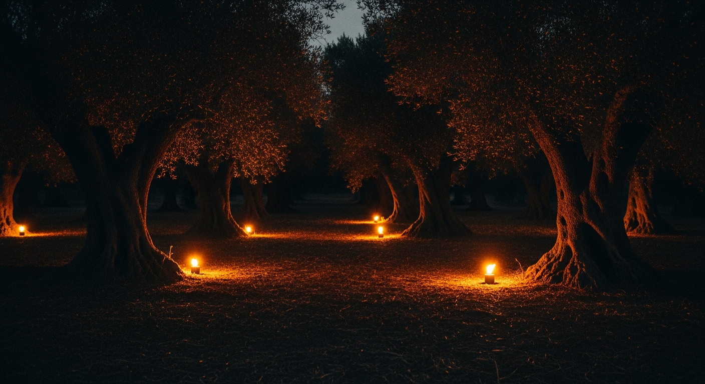 A grove of olive trees at night, torchlight casting orange pools in the dark between the trunks, the trees casting deep shadows