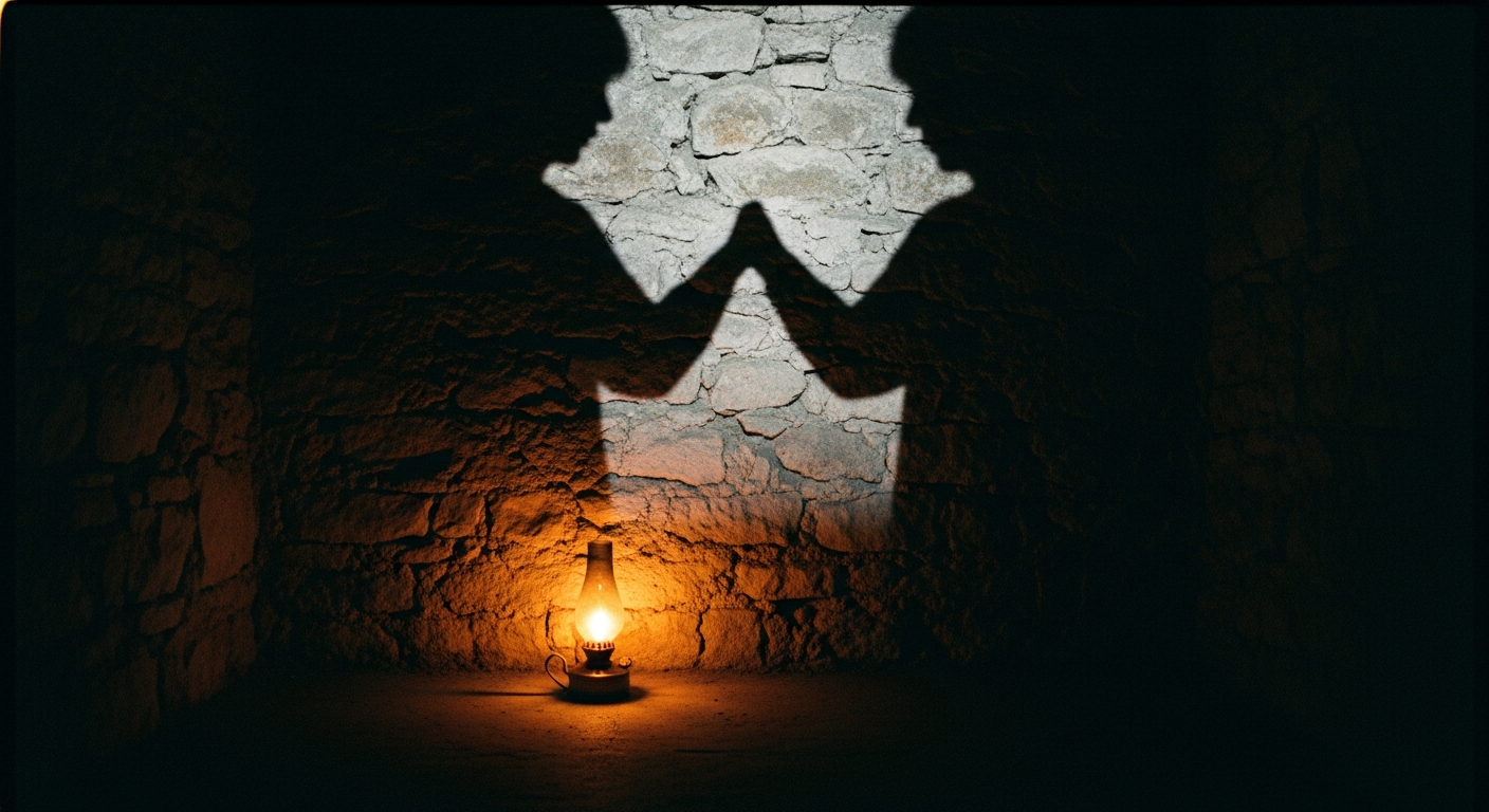 A dark interior with a single small lamp, two shadows on the wall converging but no faces visible