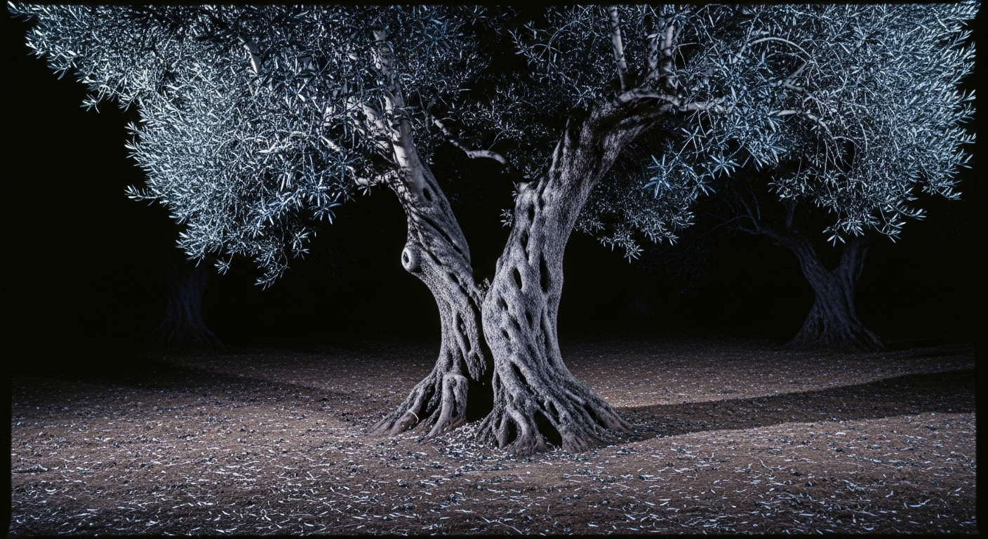 Ancient gnarled olive tree roots pressed into dark earth under a night sky, the roots twisted and deep, faint moonlight from above