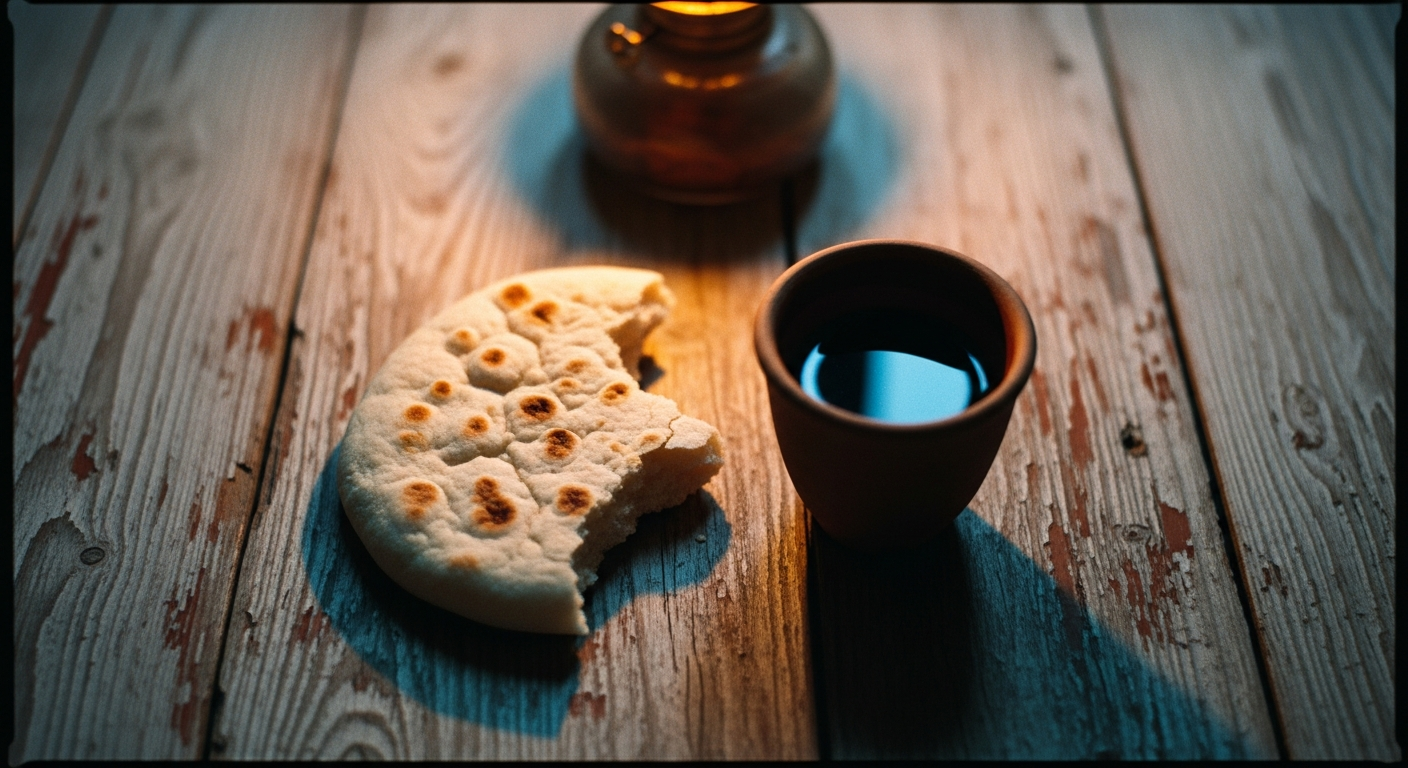 A torn piece of flatbread and a simple clay cup with a small amount of dark wine remaining, on a worn wooden surface in lamplight