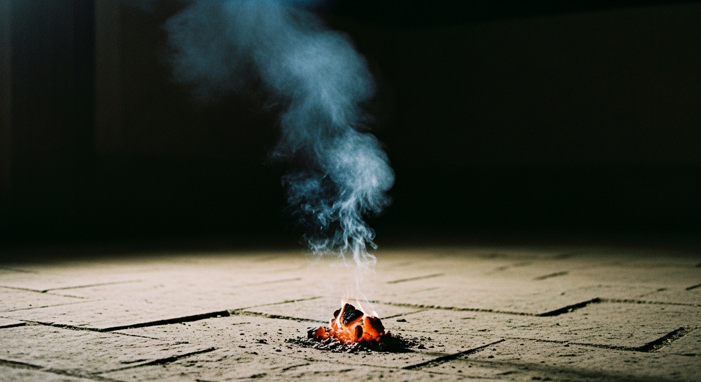 A small charcoal fire in a stone courtyard at night, the embers glowing red, faint light reaching the surrounding stones
