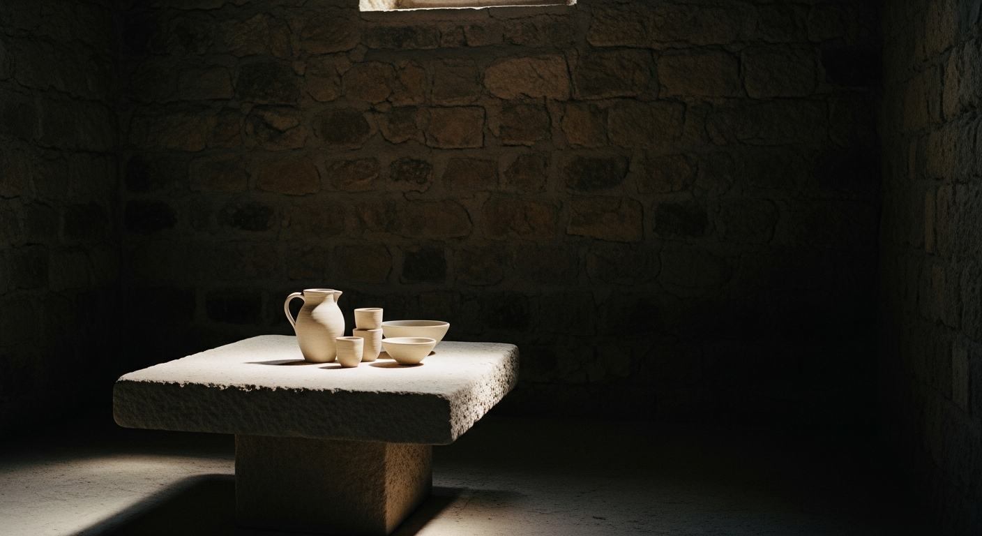A large empty upper room with a low stone table set with simple vessels, afternoon light coming through an arched opening