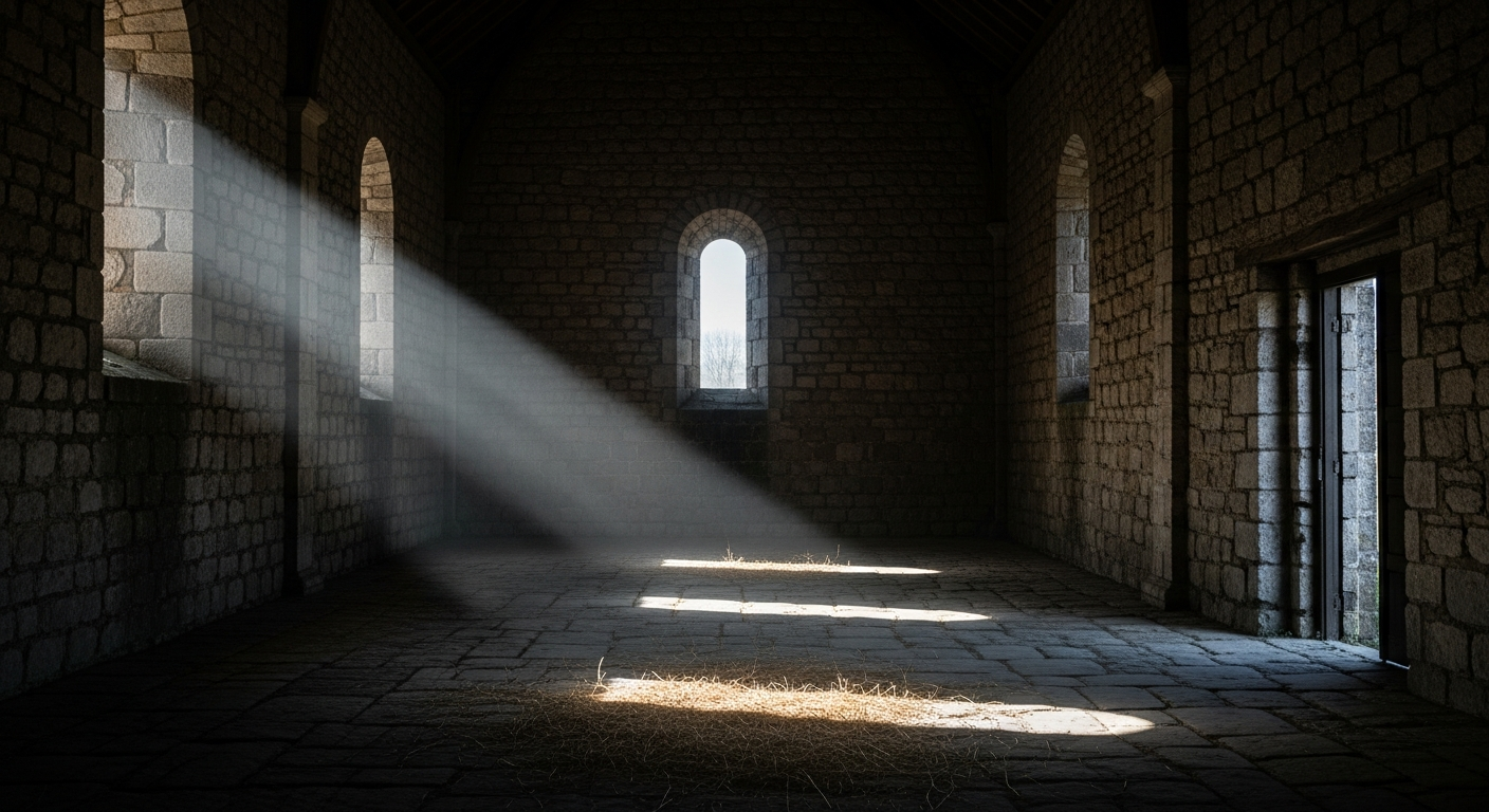 A stone chamber with high narrow windows letting in pale morning light, the room otherwise in shadow, one lit threshold