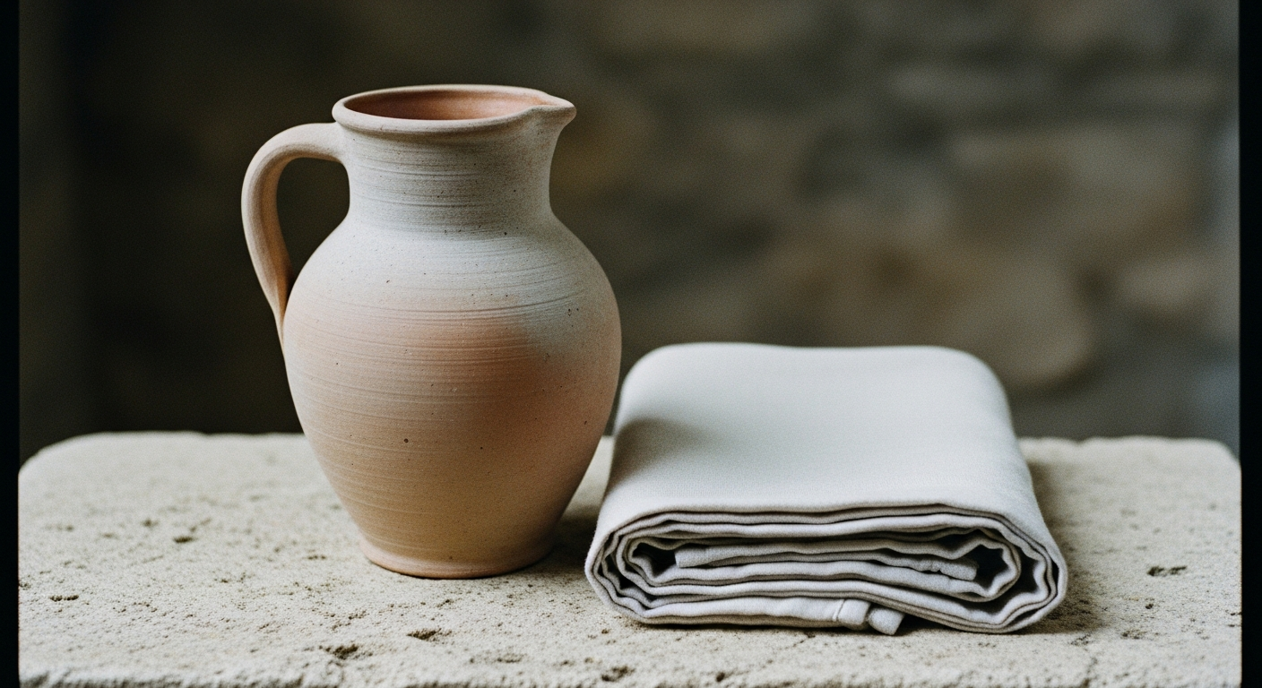 A worn clay serving jug and a simple folded linen cloth beside it, the utensils of service rather than the utensils of honor