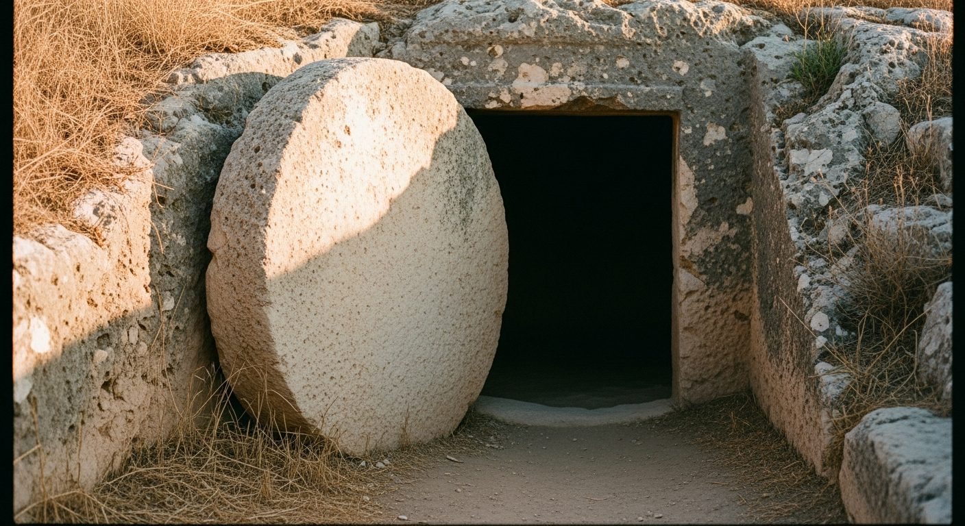 A large circular stone partially rolled aside from a dark tomb entrance, late afternoon light on the pale stone, deep shadow within