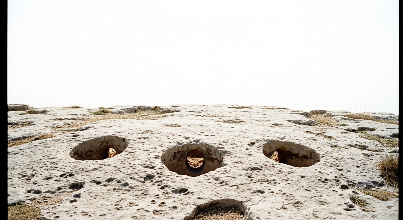 A bare rocky hilltop at harsh noon, three post-holes in the pale bedrock, the sky overexposed and white, no objects