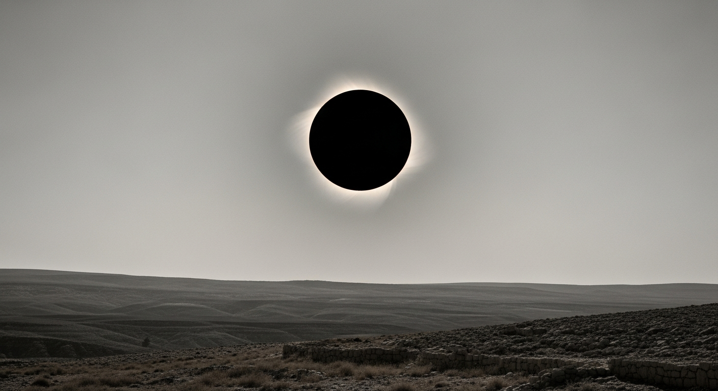 A total solar eclipse mid-day, the corona visible, the landscape below in unnatural darkness, everything washed gray