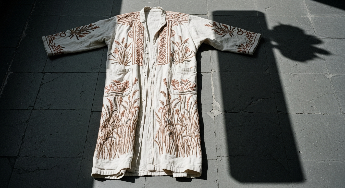 An elaborate royal garment laid out on a stone floor, costly but empty, beside a plain dark shadow cast by nothing visible