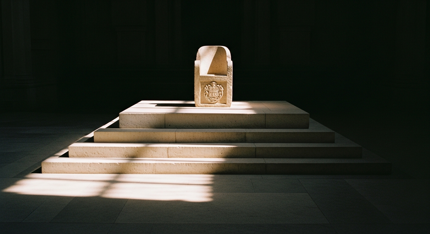 An official stone tribunal platform with a single carved chair, empty, morning light on the pale stone steps