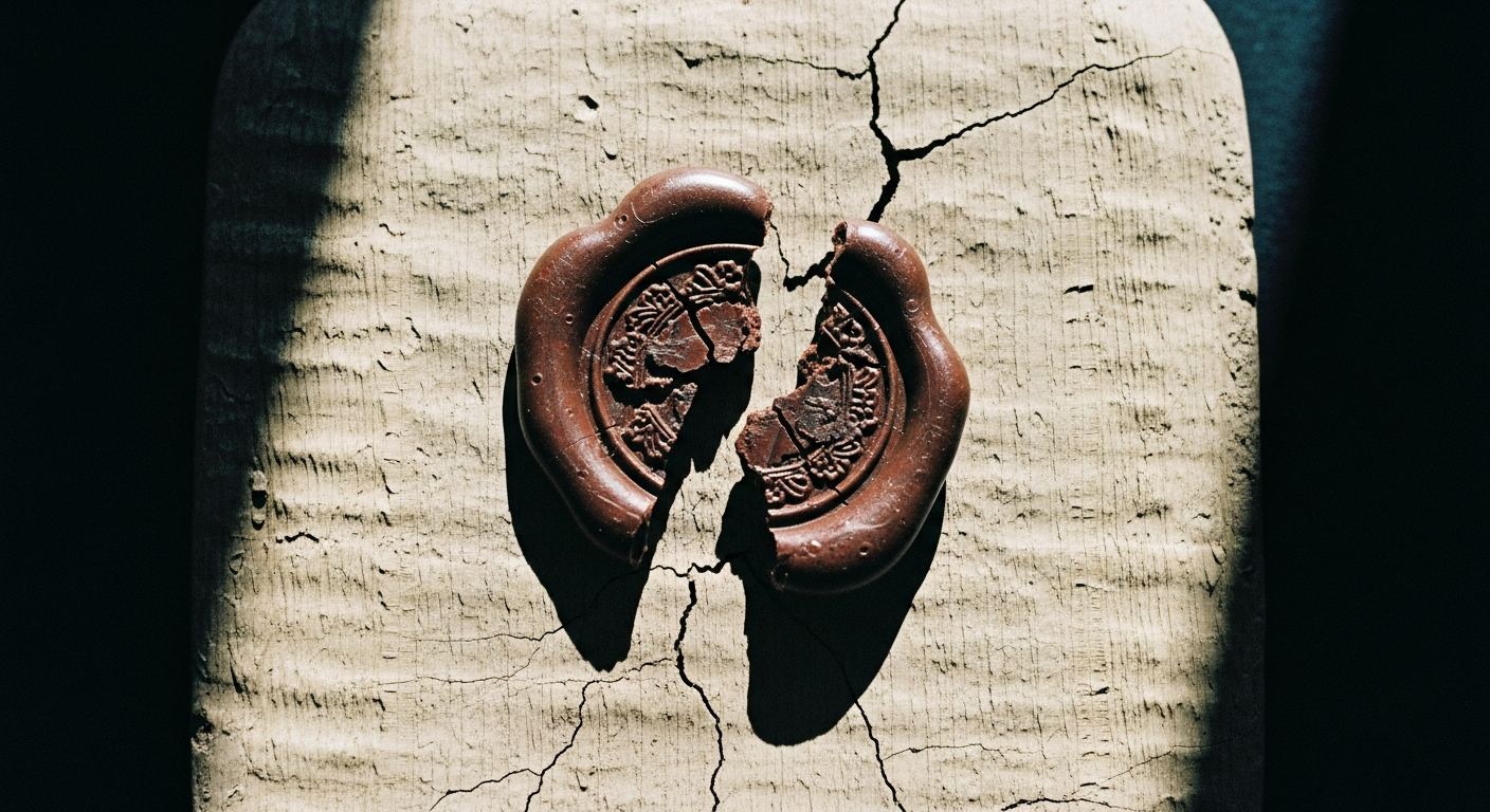 A stone judicial tablet with a wax seal broken and hanging open, the document sealed and then unsealable