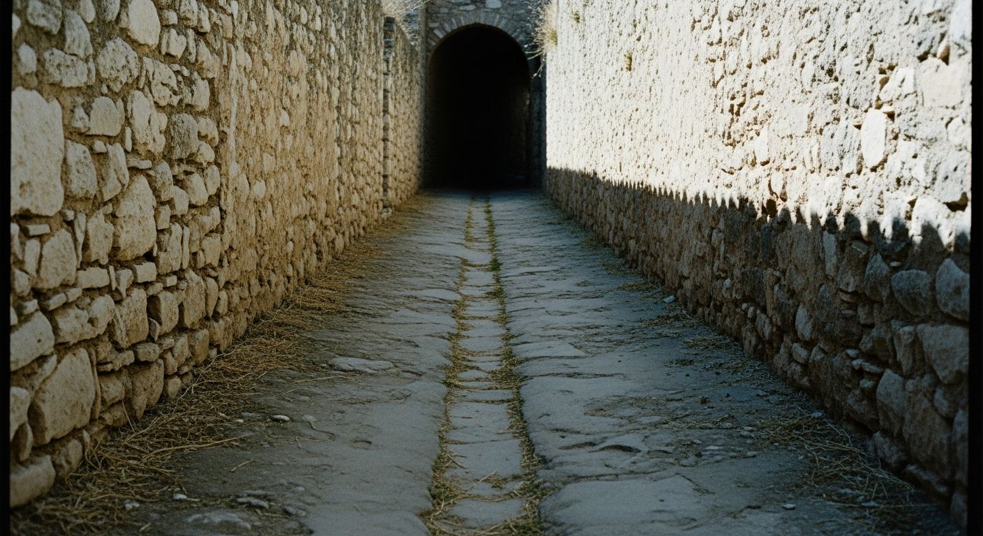 A narrow stone street between high walls, the stones worn smooth by the passage of countless feet, the street ending in darkness