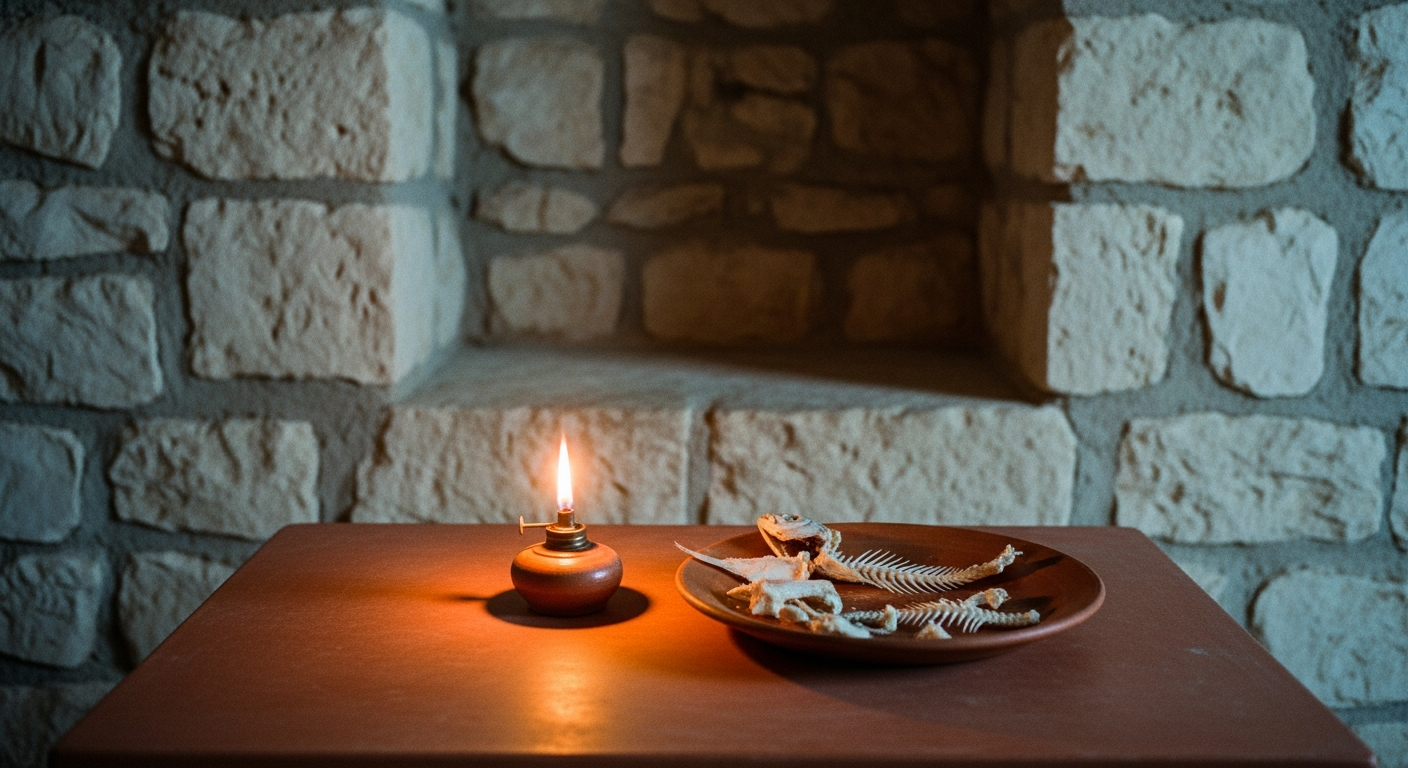 A stone room interior with a table, a lamp burning, a piece of roasted fish on a clay plate, the room otherwise empty