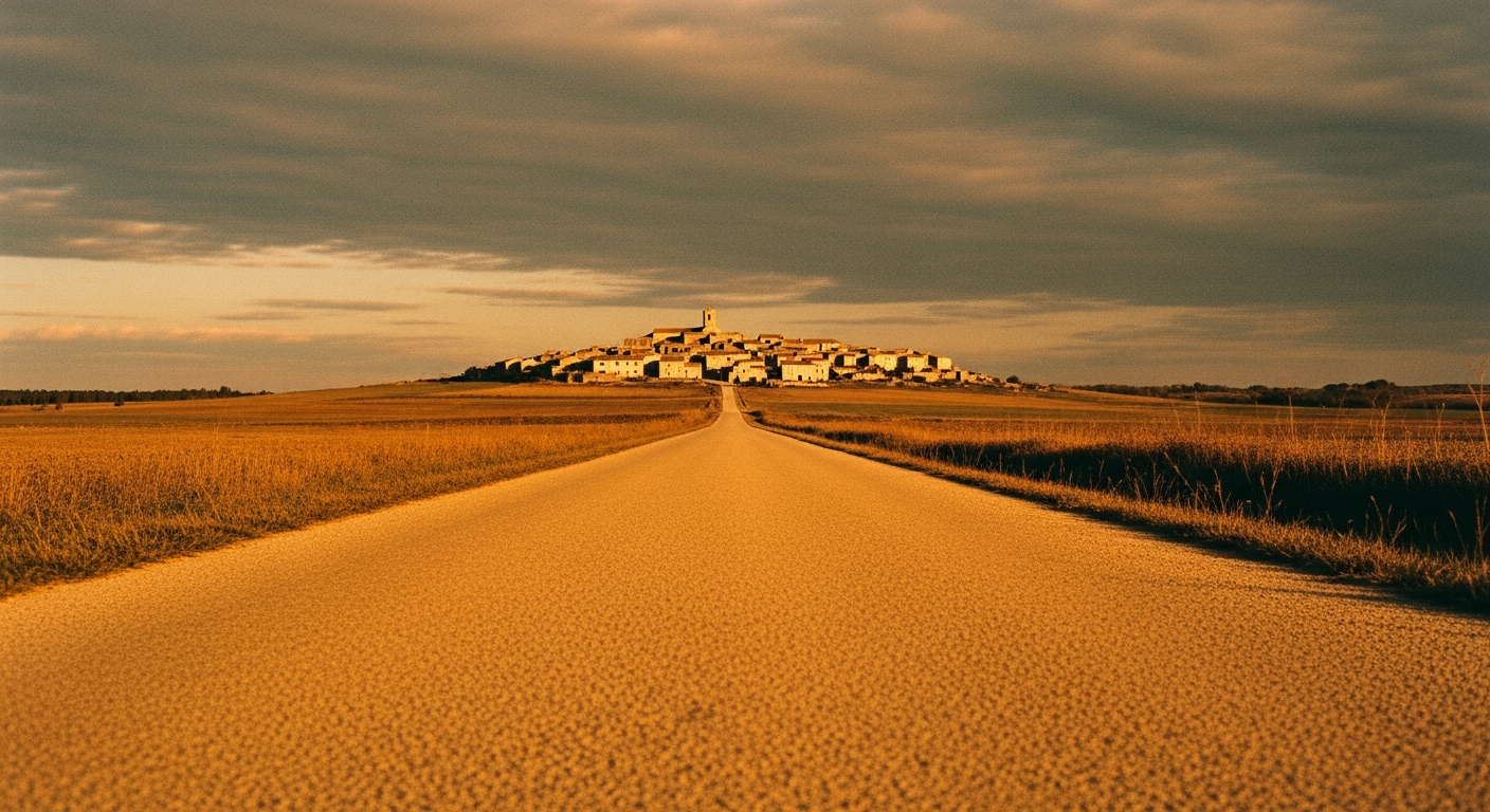A long straight road toward a small village at dusk, the road warm with the last light, the destination small but distinct