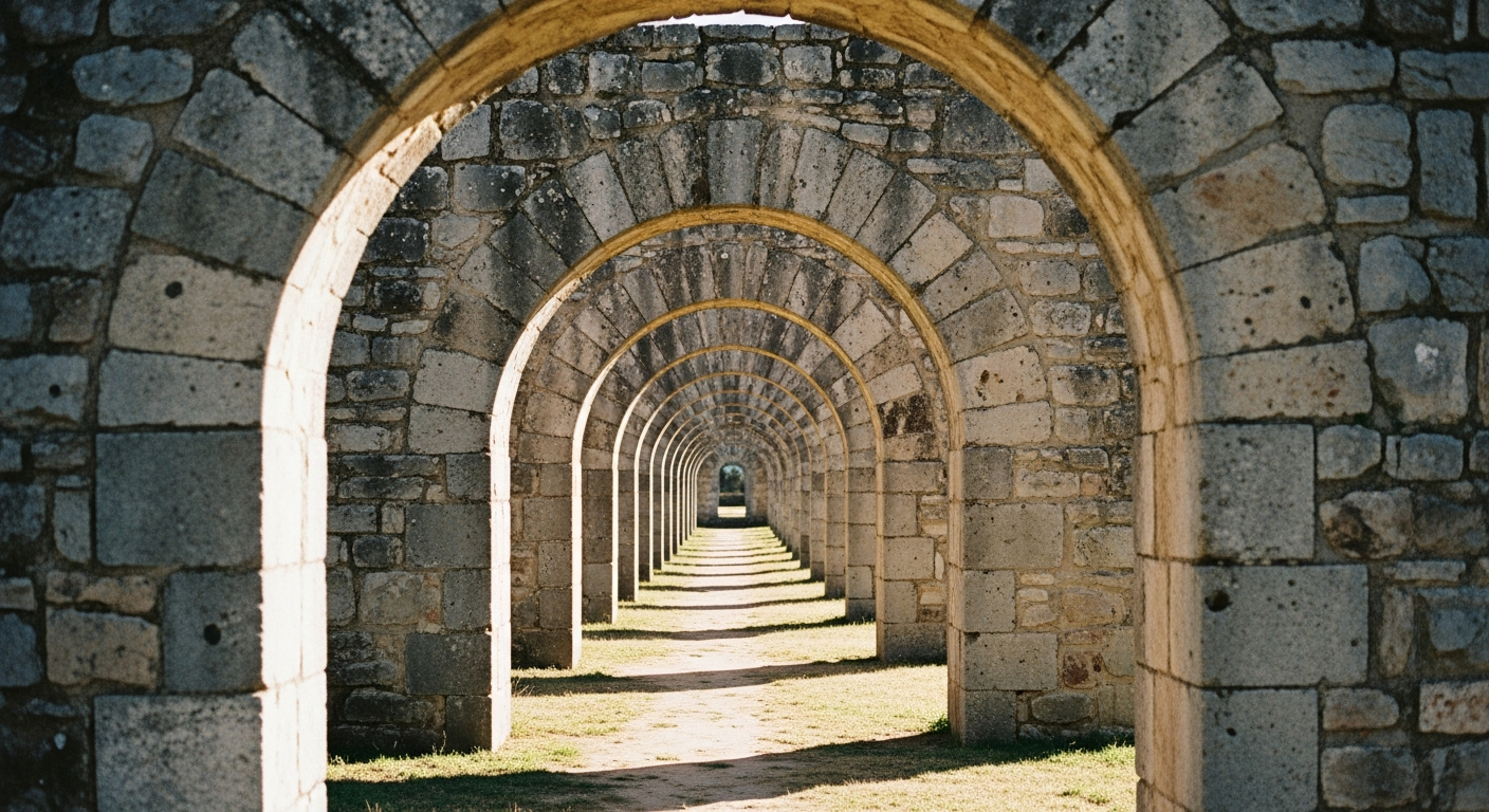 A long stone corridor with repeated archways receding into darkness, each arch slightly smaller than the last, converging on a distant pale point of light