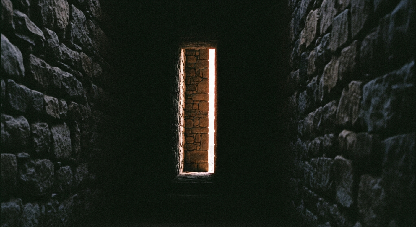 A heavy stone doorway seen from inside a dark space, the opening showing only a narrow sliver of pale outside light, most of the frame in deep shadow