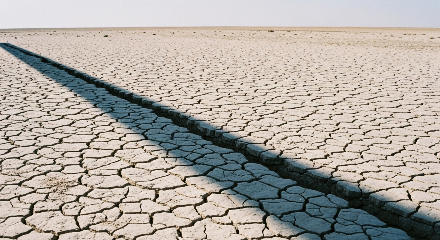 A dry desert wadi with cracked earth and a single exposed rock face, a thin line of shadow cutting sharply across the ground in harsh midday light