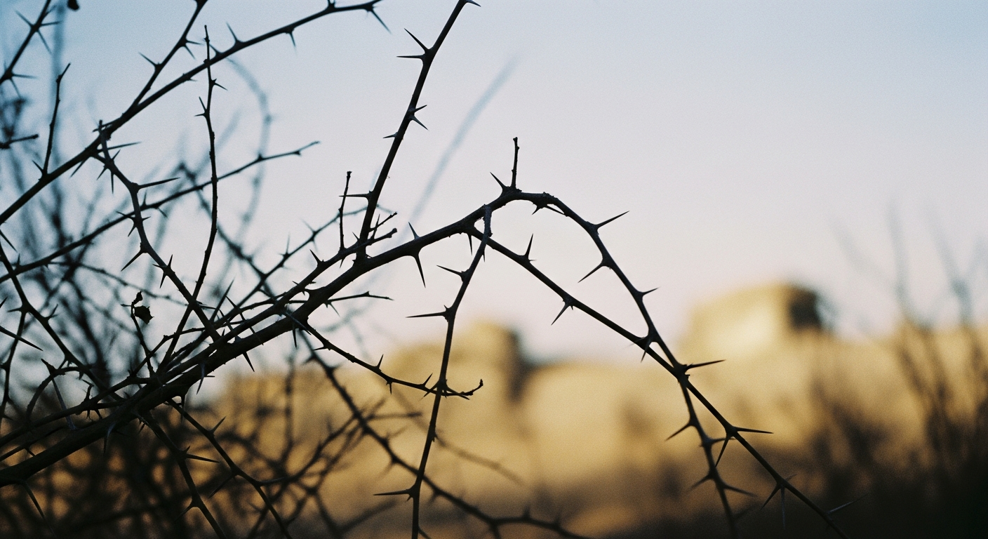 Dry thorn bushes silhouetted against a pale sky, their sharp branches tangled and backlit by low slanting light