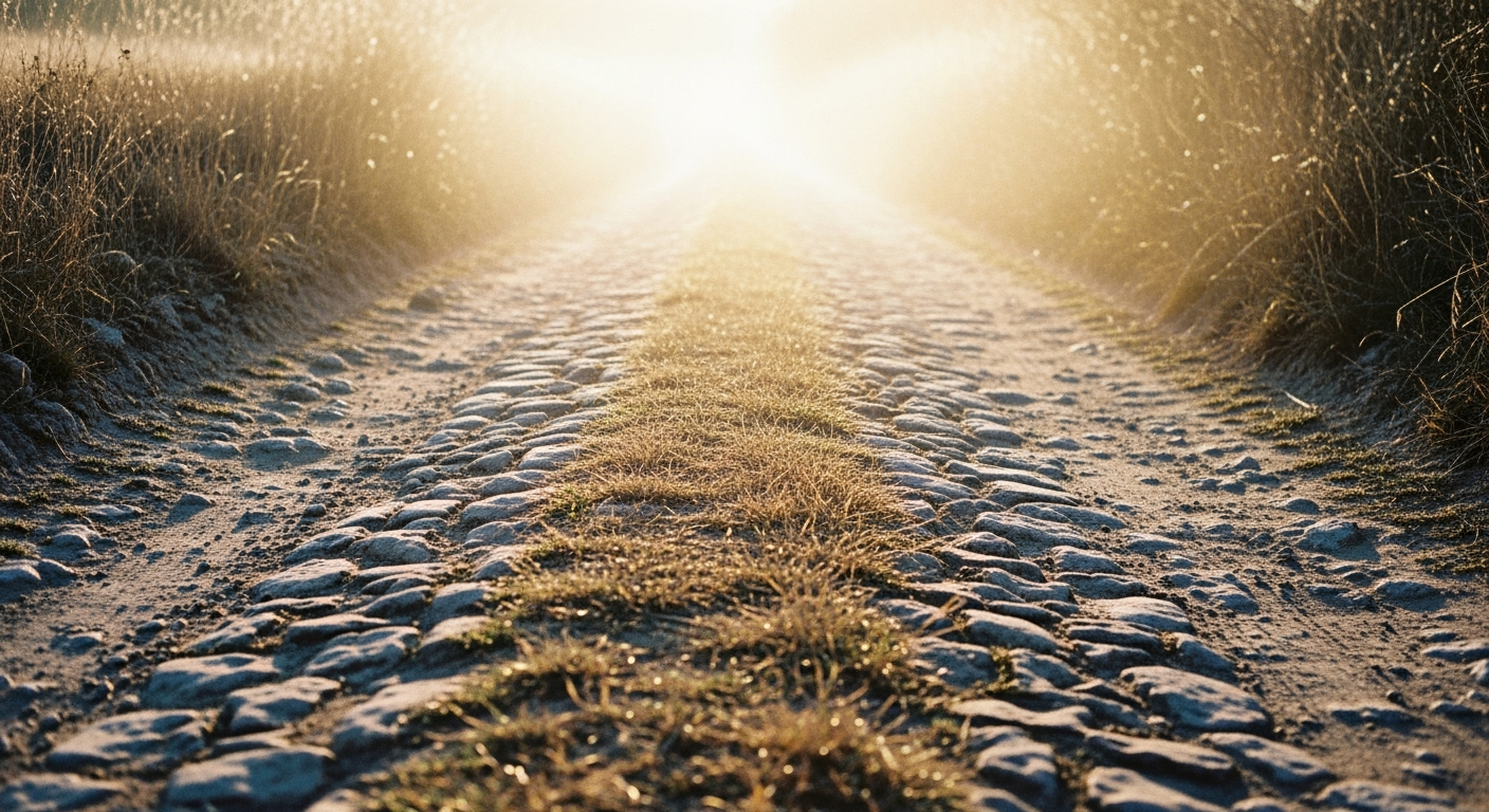 A dusty road disappearing into pale morning haze, the road's surface lit from behind, everything ahead dissolved in soft light