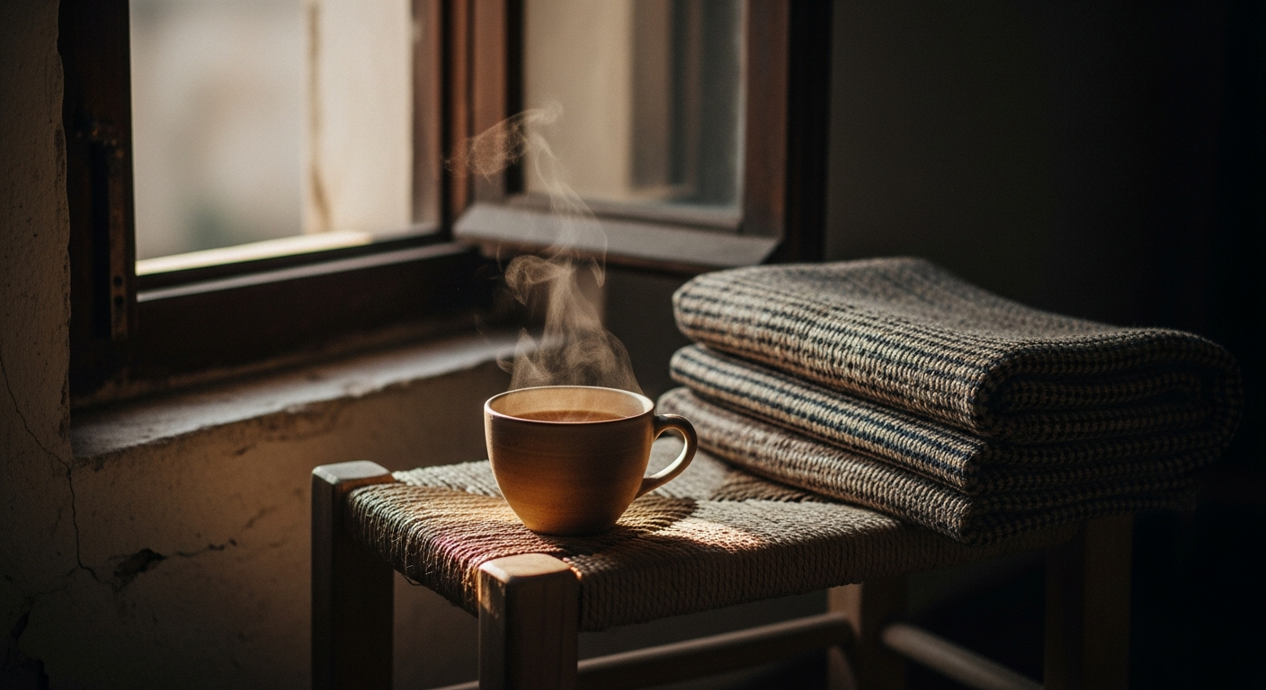 Rumpled linen cloth on a low stone surface catching warm afternoon light, the fabric still creased from rest