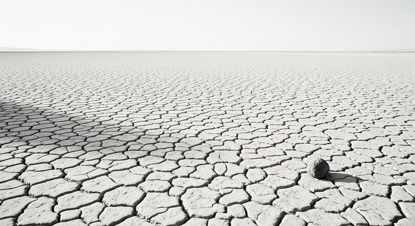 An expanse of cracked dry earth receding to a flat horizon under a bleached white sky, a single small stone in the foreground