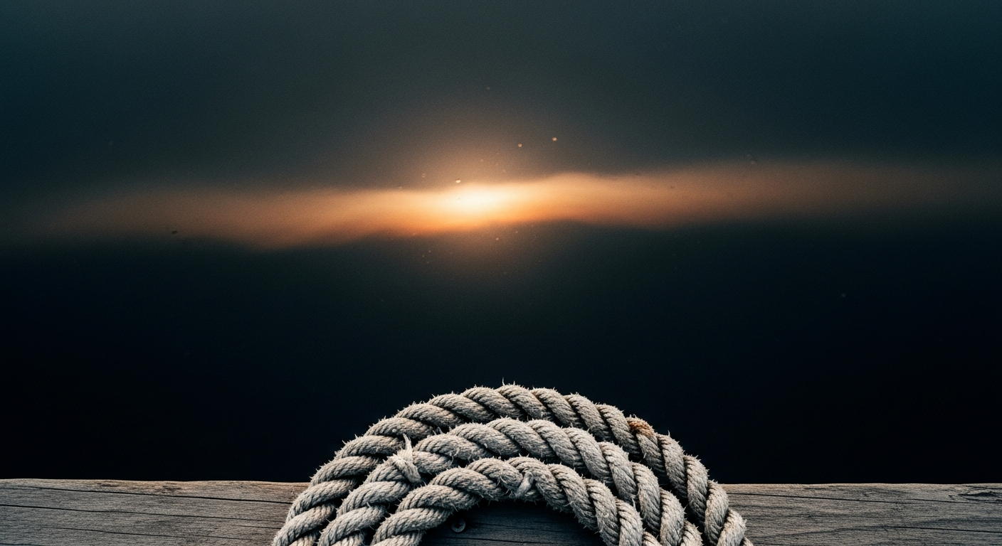 Dark water surface at dawn with one band of warm reflected light, an old rope coiled at the edge of the frame