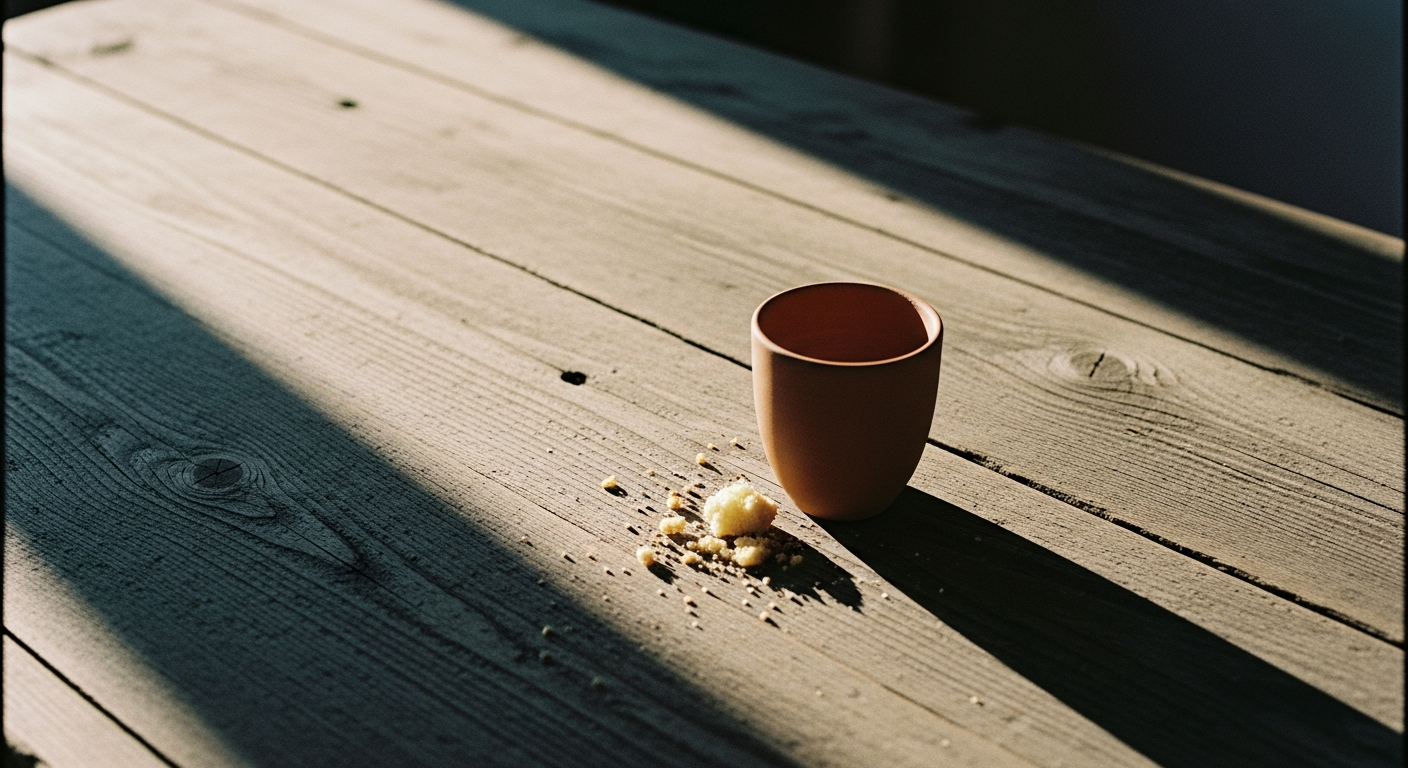 An empty wooden table surface seen from above, a clay cup and scattered breadcrumbs in soft evening light