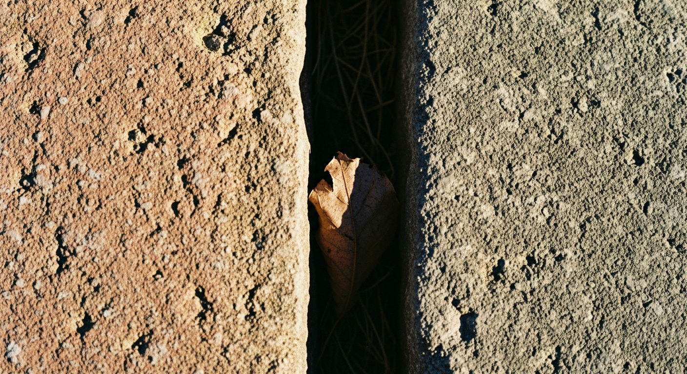 Two rough stone surfaces separated by a narrow gap, one side in full light, one in total shadow, a single dry leaf in the gap