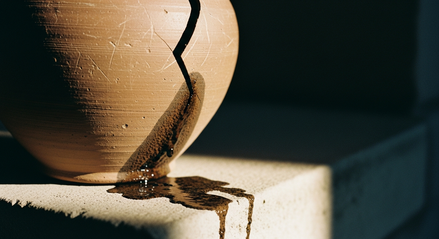 A cracked and split old clay vessel on a stone shelf, a dark stain spreading from the crack across the pale stone surface