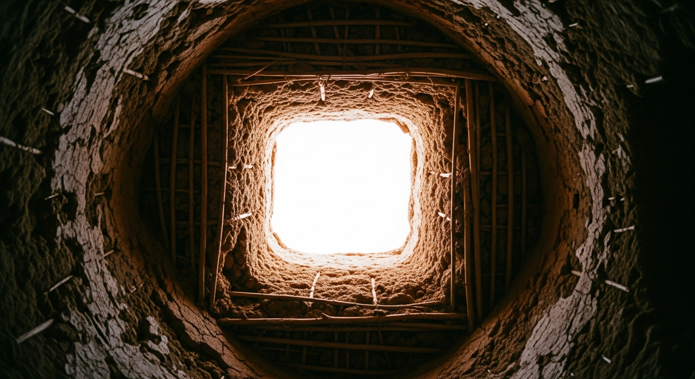 Looking straight up through a square opening in a clay and wood ceiling into bright overexposed sky, the rough edges of the opening in shadow