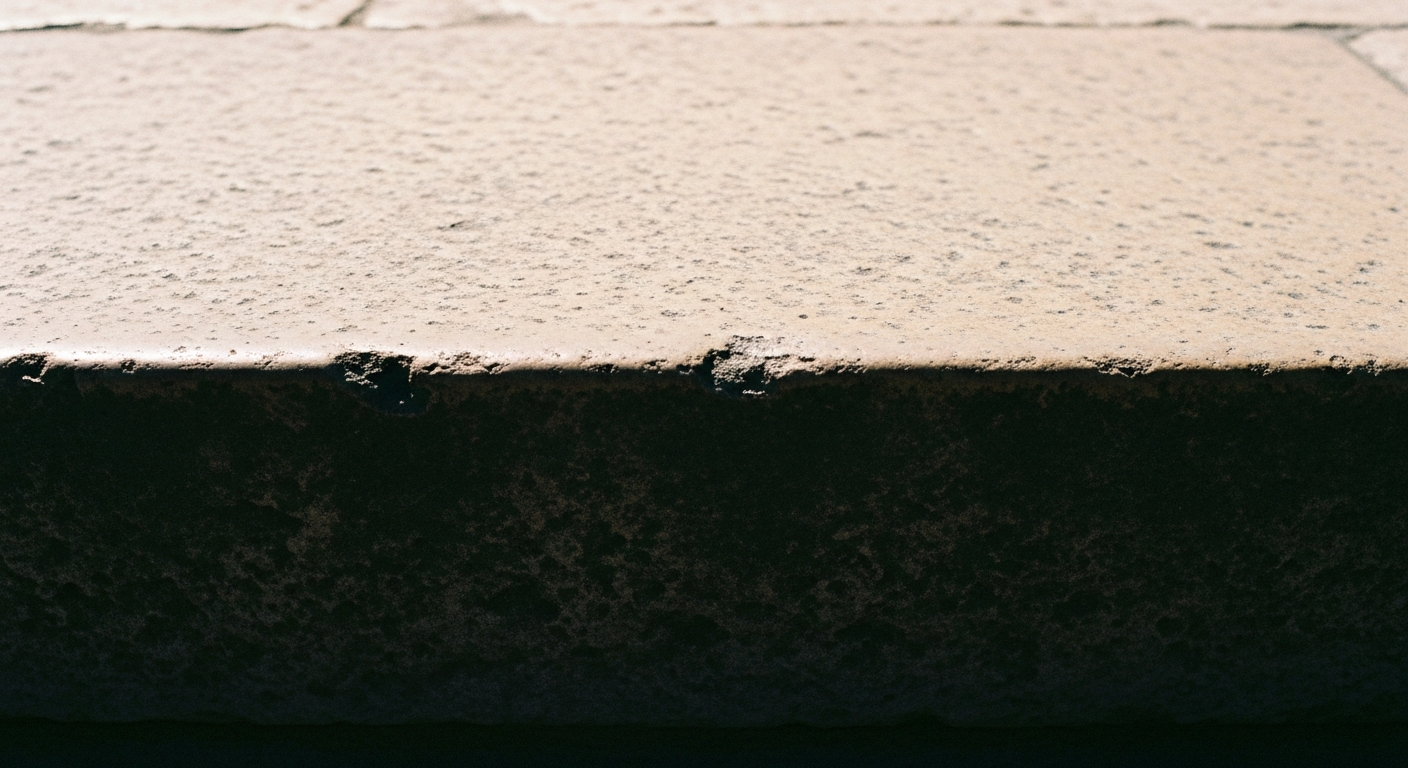 A stone step with the lower half in deep shadow and the upper half in brilliant light, the boundary between them razor sharp