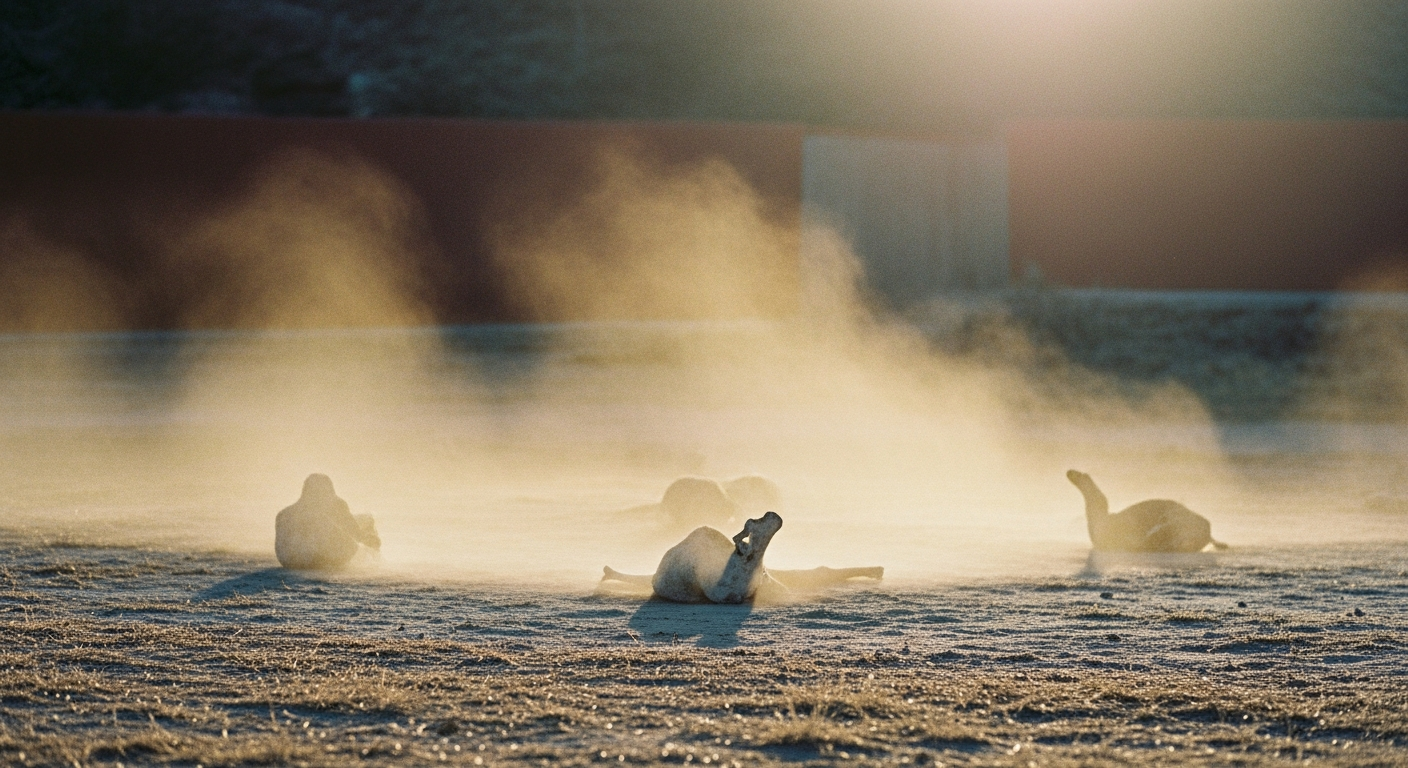 Dust rising in soft afternoon backlight above a flat open ground, the particles glowing gold in the light