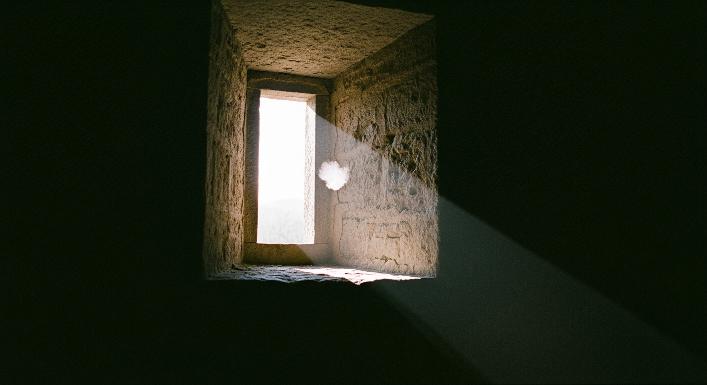 A small window in a thick stone wall with bright light outside and near-total interior darkness, a large dust mote visible in the beam