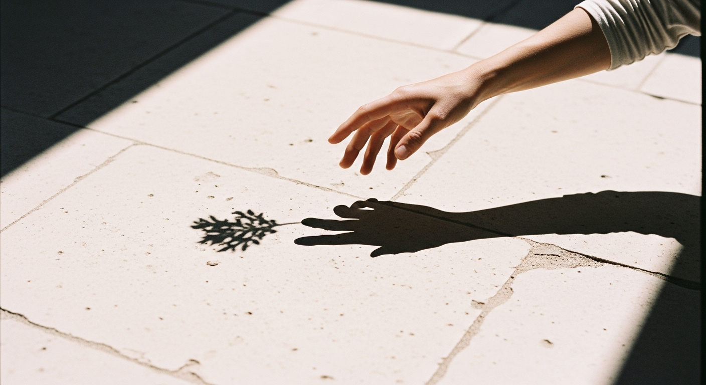 The shadow of an outstretched hand cast on a pale stone floor, the shadow fingers fully extended and distinct